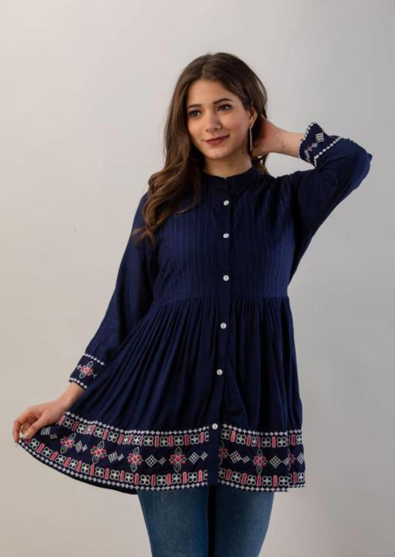 Elegant Blue Rayon Embroidered Top Image