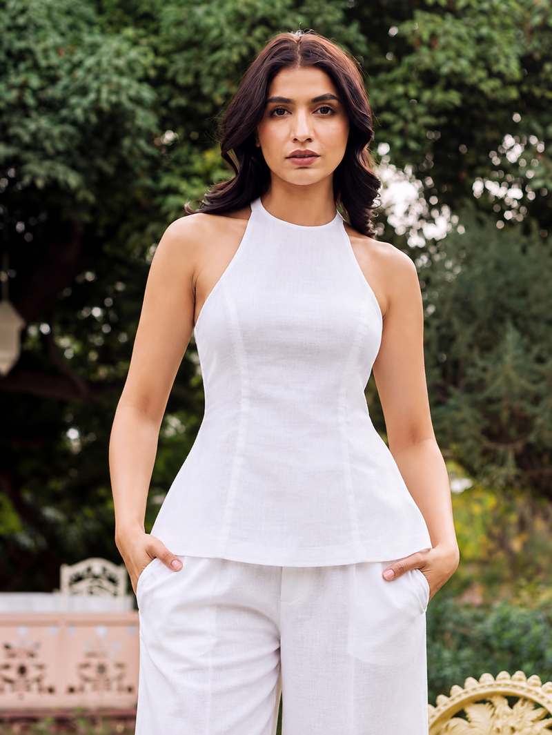 White Halter Neck Wide-Leg Co-ord Set