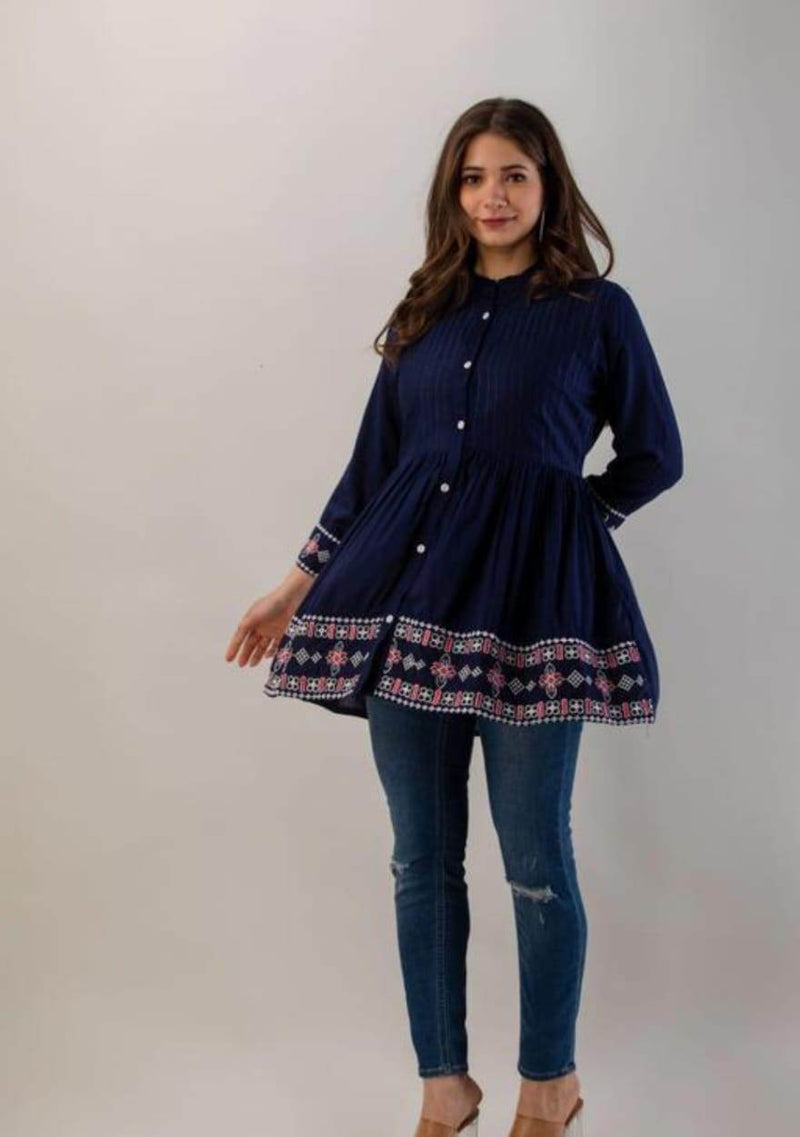 Elegant Blue Rayon Embroidered Top Front