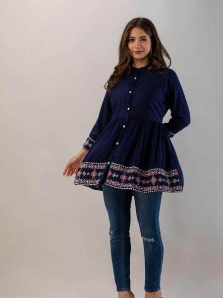 Elegant Blue Rayon Embroidered Top Front