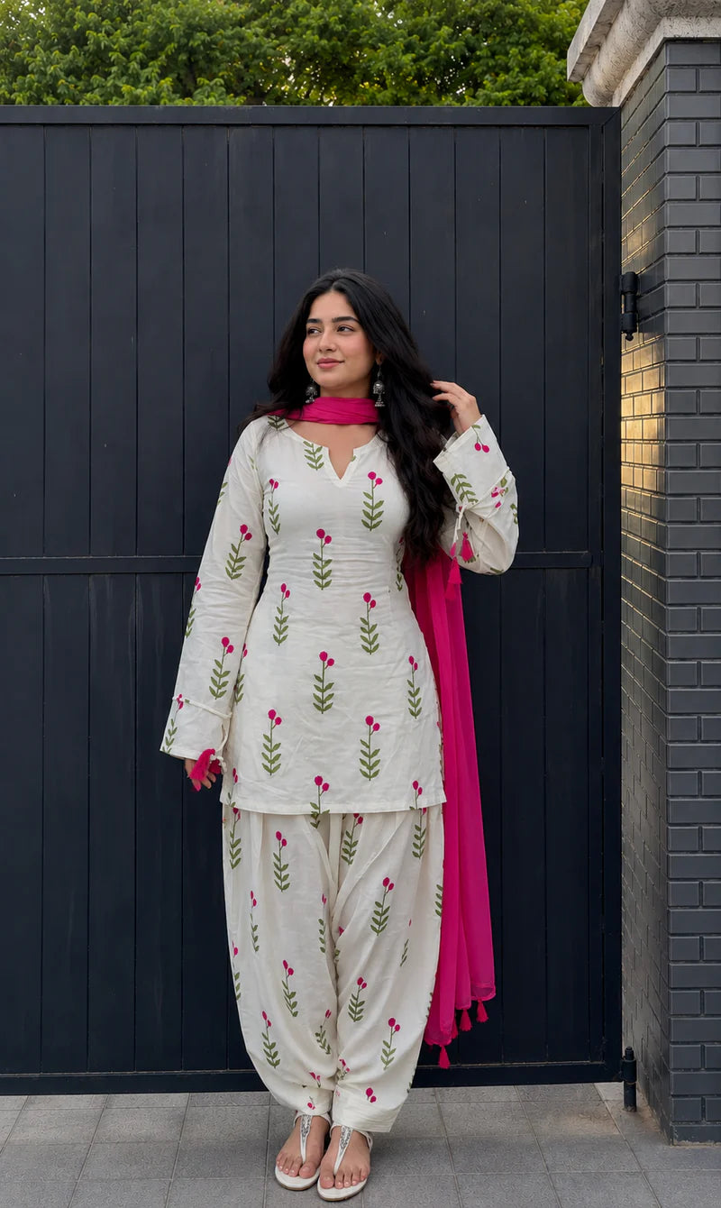 White Floral Printed Cotton Patiala Suit Set