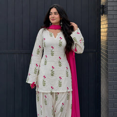 White Floral Printed Cotton Patiala Suit Set