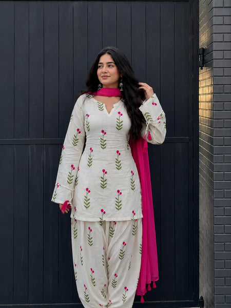 White Floral Printed Cotton Patiala Suit Set