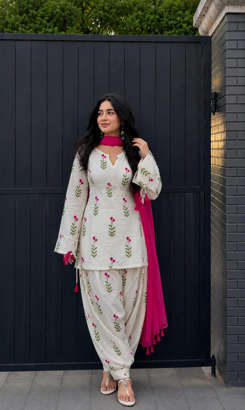 White Floral Printed Cotton Patiala Suit Set