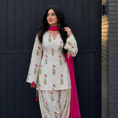 White Floral Printed Cotton Patiala Suit Set