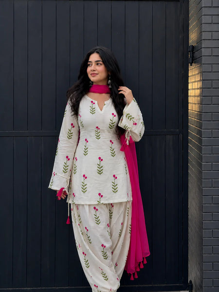 White Floral Printed Cotton Patiala Suit Set