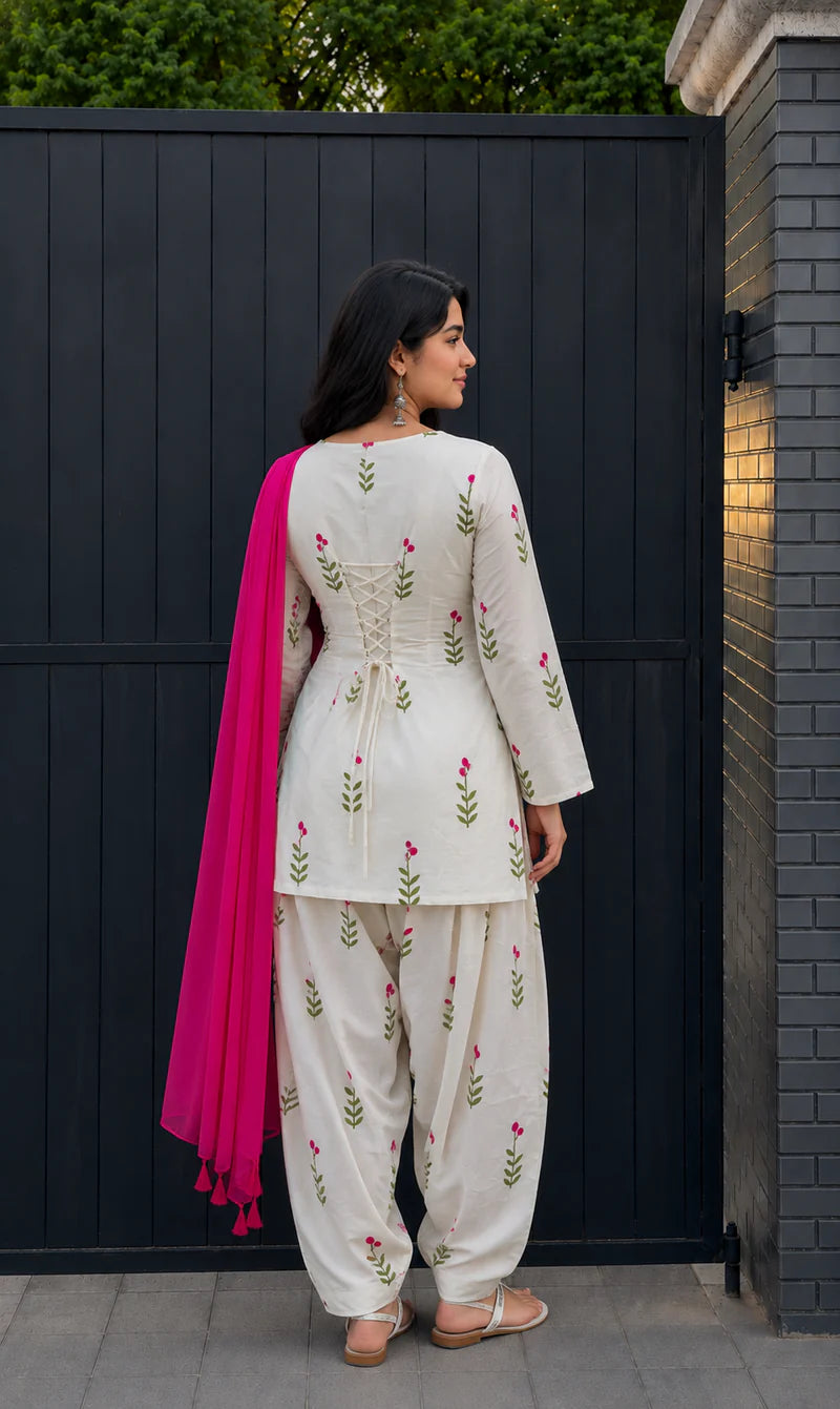 White Floral Printed Cotton Patiala Suit Set