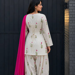 White Floral Printed Cotton Patiala Suit Set