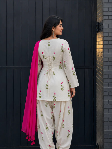 White Floral Printed Cotton Patiala Suit Set