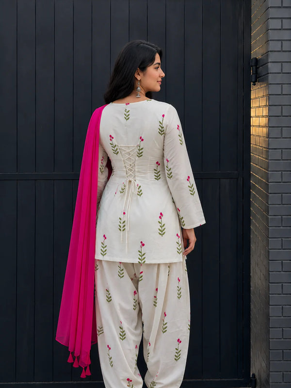 White Floral Printed Cotton Patiala Suit Set