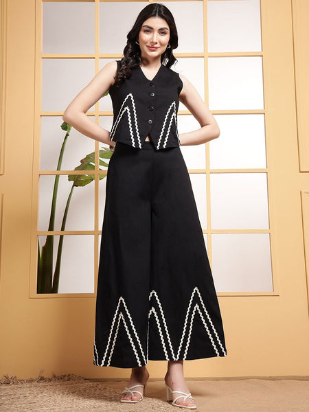 Classic Black Cotton Flex Sleeveless Co-Ord Set Full View