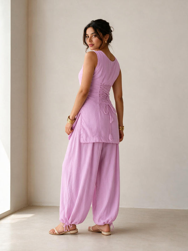Sleeveless Lace-Up Kurti with Balloon Pants Set